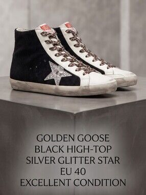 Golden Goose Men's Black High-Top Sneaker with Silver Glitter Star Size 40